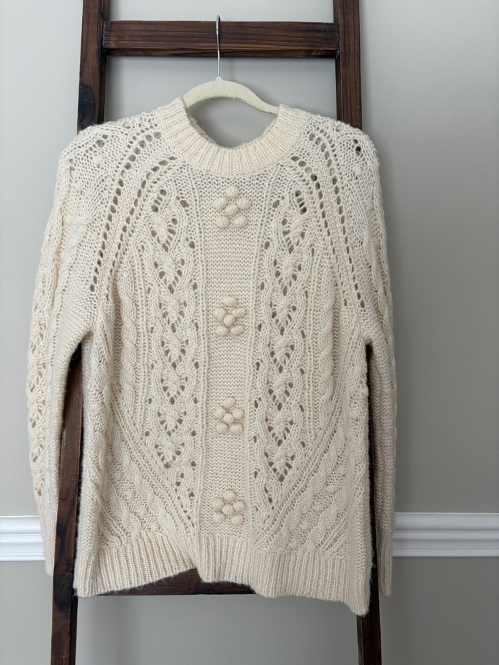 J. Crew Cream Cable-Knit Crewneck Sweater with Bobble Detail